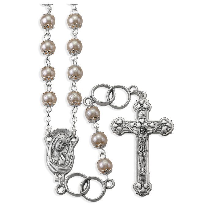 White Pearl Bead Silver Wedding Ring Rosary, Boxed