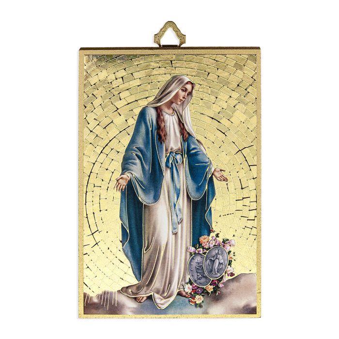 Milagrosa Placa de Madera Gold Foil Our Lady of Grace Mosaic