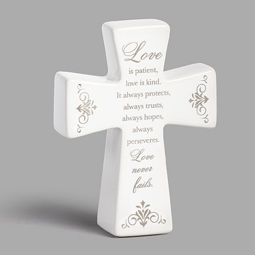 4.5"H LOVE IS PATIENT CROSS CERAMIC