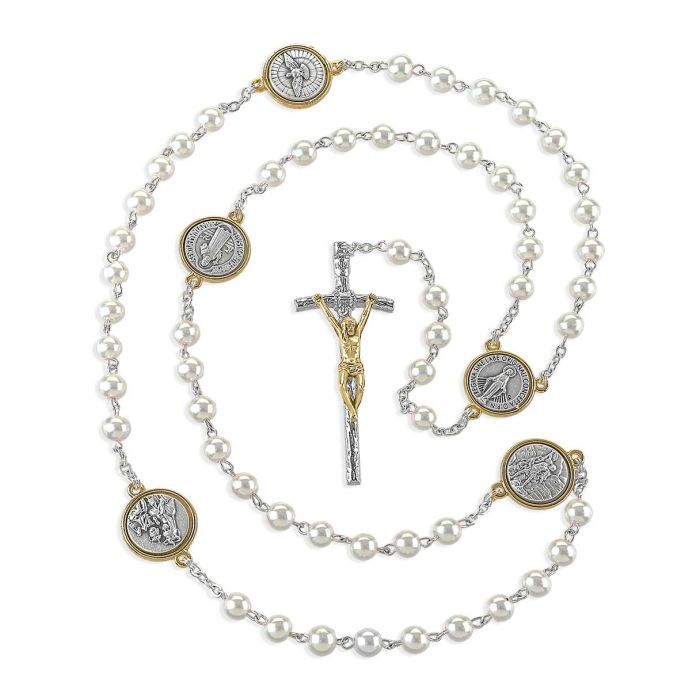 White Pearl Bead Rosary with Saints Medals as "Our Father" Beads
