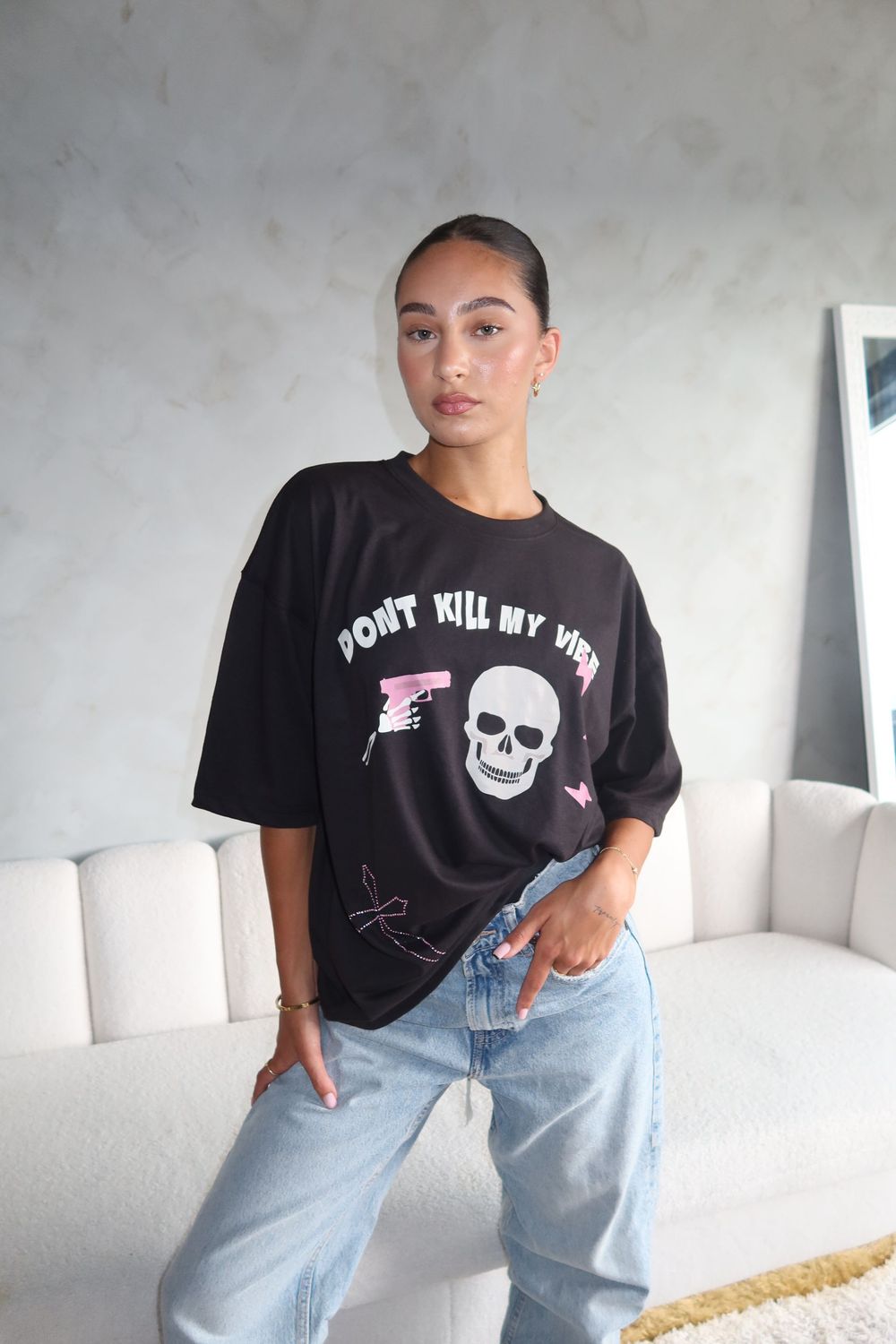 DON’T KILL MY VIBE RHINESTONE TEE – BY PRIORITY