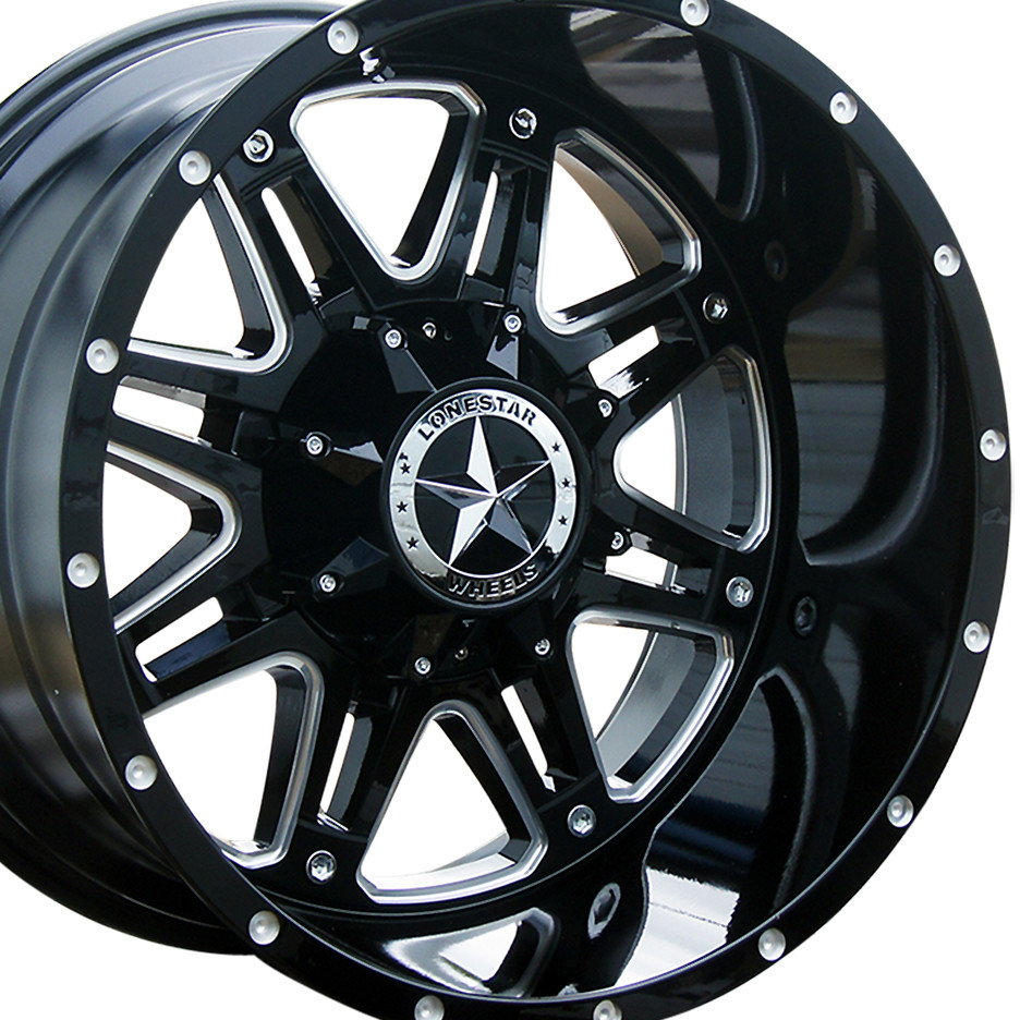20x12 Gloss Black & Milled Lonestar Outlaw Wheels (4), 8x6.5(165.1mm), -44mm Offset