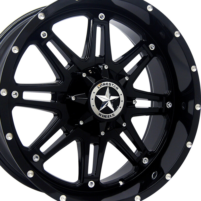 20x9 Gloss Black Lonestar Outlaw Wheels (4), 5x5.5(139.7mm) & 5x5(127mm), 0mm Offset