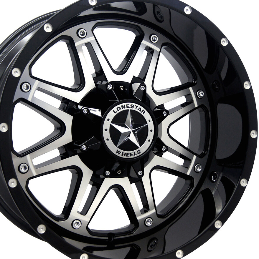 20x10 Gloss Black & Mirror Face Lonestar Outlaw Wheels (4), 6x5.5(139.7mm) & 6x135mm, -25mm Offset