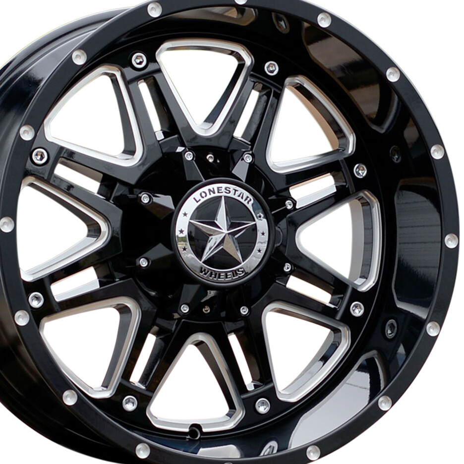 20x10 Gloss Black & Milled Lonestar Outlaw Wheels (4), 8x180mm, -25mm Offset