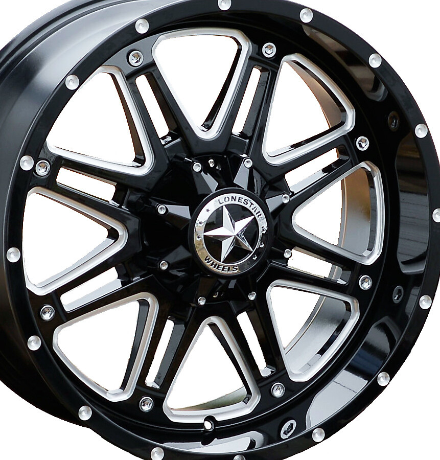 20x9 Gloss Black & Milled Lonestar Outlaw Wheels (4), 5x5.5(139.7mm) & 5x5(127mm), 0mm Offset
