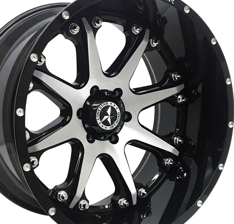 22x12 Gloss Black & Brushed Face Lonestar Bandit Wheels (4), 6x5.5(139.7mm), -44mm Offset