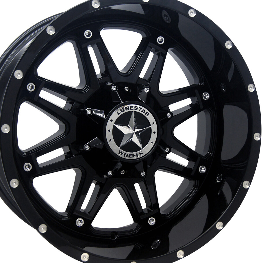 20x10 Gloss Black Lonestar Outlaw Wheels (4), 5x5.5(139.7mm) & 5x150mm, -25mm Offset