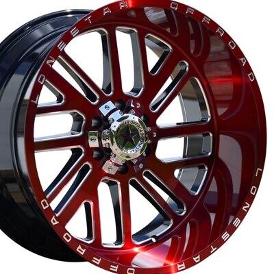 22x12 Brushed Cherry Red & Milled Lonestar Tomahawk Wheels (4), 6x5.5(139.7mm) & 6x135mm, -44mm Offset