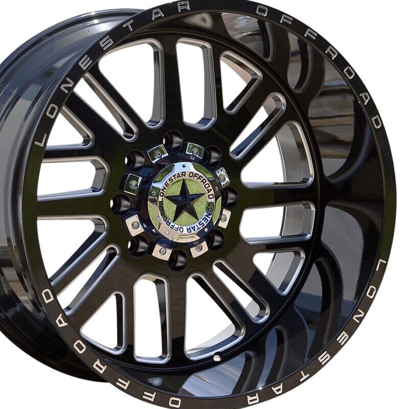 22x12 Gloss Black & Milled Lonestar Tomahawk Wheels (4), 8x6.5(165.1mm), -44mm Offset