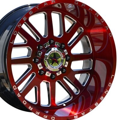 22x12 Brushed Cherry Red & Milled Lonestar Tomahawk Wheels (4), 8x6.5(165.1mm), -44mm Offset