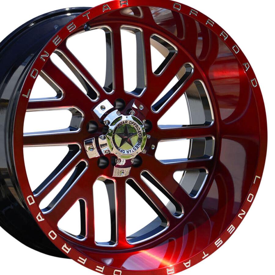 22x12 Brushed Cherry Red & Milled Lonestar Tomahawk Wheels (4), 5x5.5(139.7mm) & 5x150mm, -44mm Offset