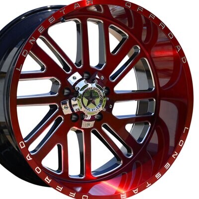22x12 Brushed Cherry Red & Milled Lonestar Tomahawk Wheels (4), 5x5.5(139.7mm) & 5x5(5x127mm), -44mm Offset