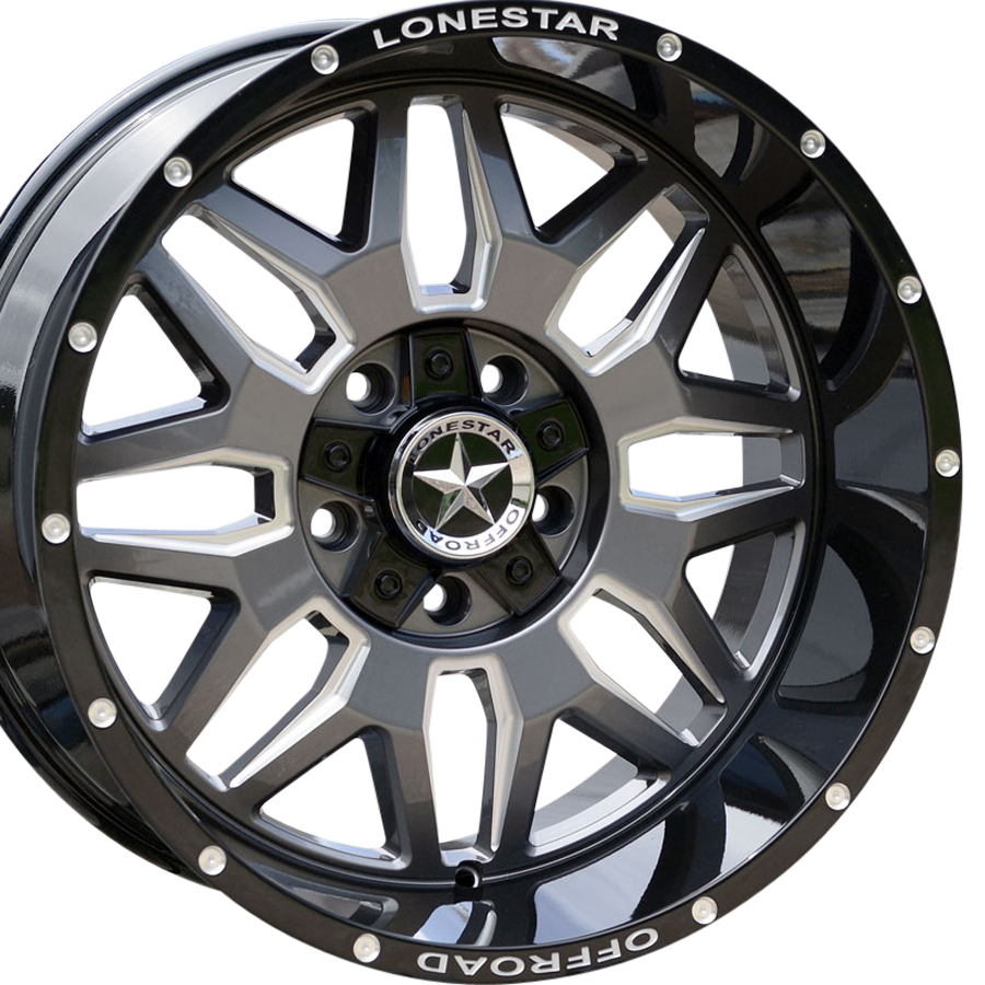20x10 Gloss Black, Gunmetal Face & Milled Lonestar Renegade Wheels (4), 5x5.5(139.7mm) & 5x150mm, -25mm Offset