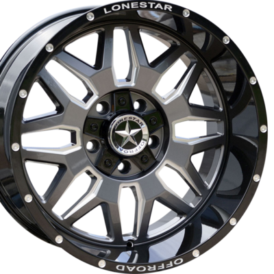 20x10 Gloss Black, Gunmetal Face & Milled Lonestar Renegade Wheels (4), 5x5.5(139.7mm) & 5x150mm, -25mm Offset