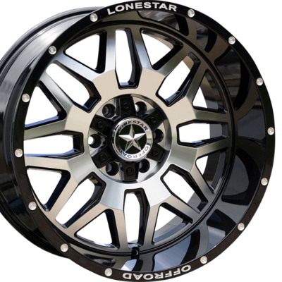 20x10 Gloss Black & Mirror Face Lonestar Renegade Wheels (4), 6x5.5(139.7mm) & 6x135mm, -25mm Offset