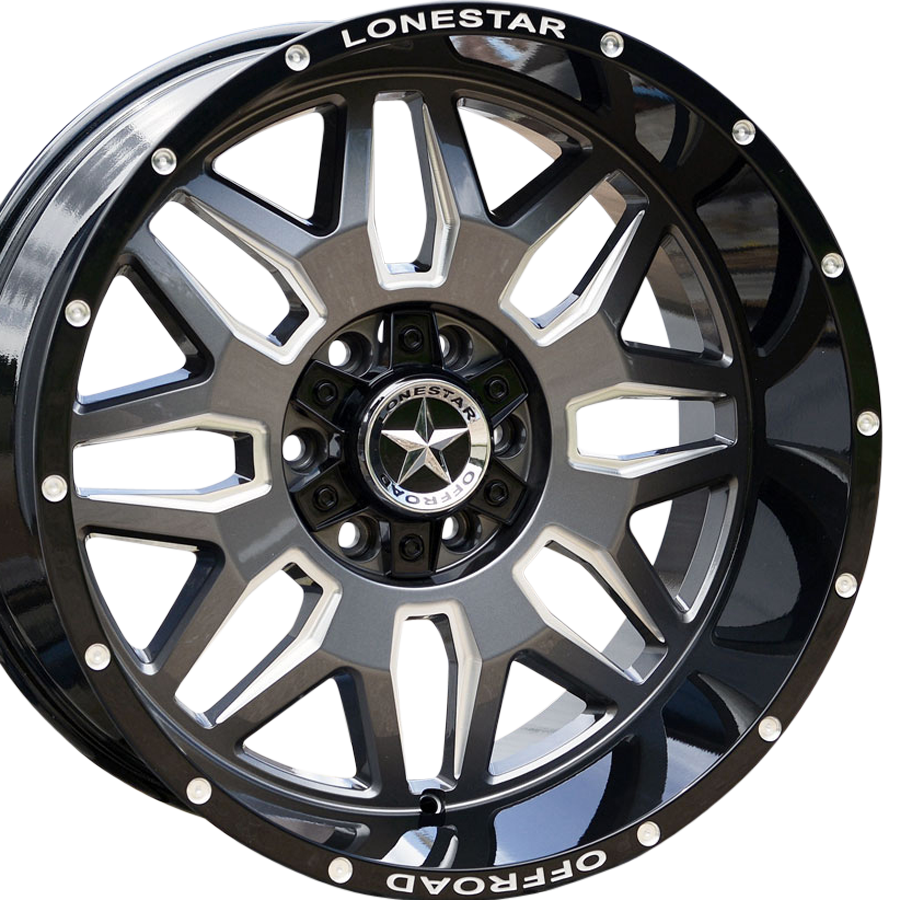 20x10 Gloss Black, Gunmetal Face & Milled Lonestar Renegade Wheels (4), 6x5.5(139.7mm) & 6x135mm, -25mm Offset 20x10 Gloss Black, Gunmetal Face & Milled Lonestar Renegade Wheels (4), 6x5.5(139.7mm) & 6x135mm, -25mm Offset
