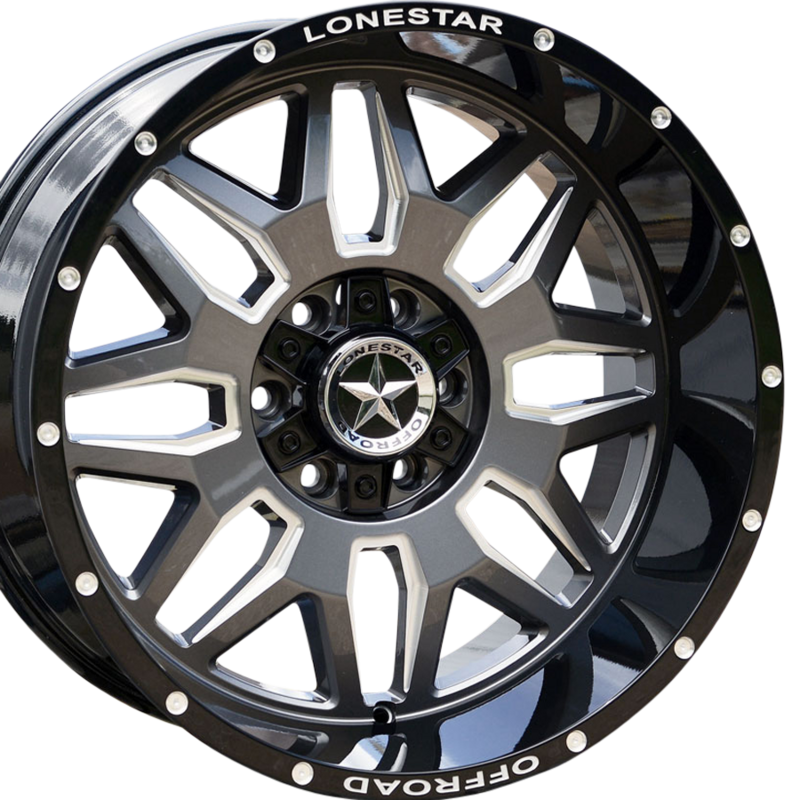 20x10 Gloss Black, Gunmetal Face & Milled Lonestar Renegade Wheels (4), 6x5.5(139.7mm) & 6x135mm, -25mm Offset