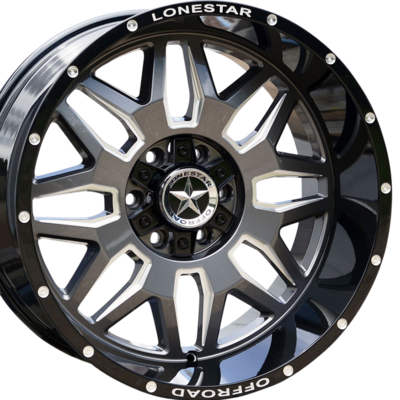 20x10 Gloss Black, Gunmetal Face & Milled Lonestar Renegade Wheels (4), 6x5.5(139.7mm) & 6x135mm, -25mm Offset