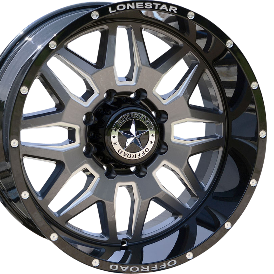20x10 Gloss Black, Gunmetal Face & Milled Lonestar Renegade Wheels (4), 8x180mm, -25mm Offset