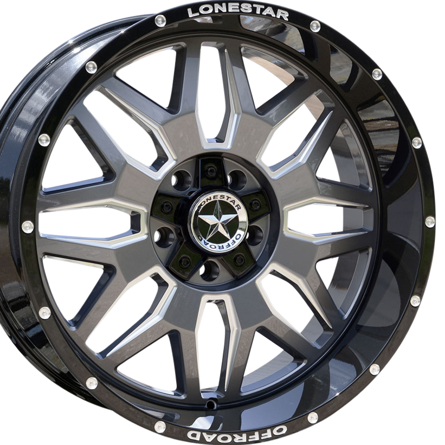 22x10 Gloss Black, Gunmetal Face & Milled Lonestar Renegade Wheels (4), 5x5.5(139.7mm) & 5x150mm, -25mm Offset 22x10 Gloss Black, Gunmetal Face & Milled Lonestar Renegade Wheels (4), 5x5.5(139.7mm) & 5x150mm, -25mm Offset