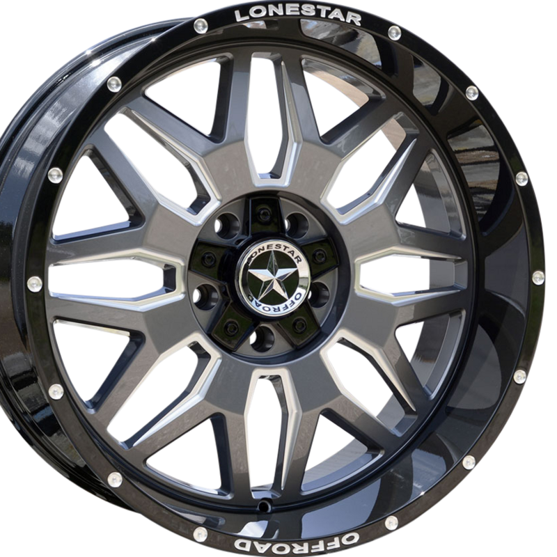 22x10 Gloss Black, Gunmetal Face & Milled Lonestar Renegade Wheels (4), 5x5.5(139.7mm) & 5x150mm, -25mm Offset