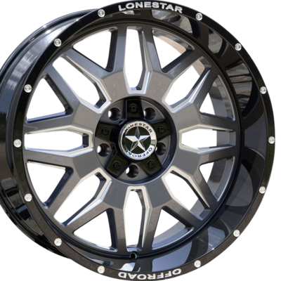 22x10 Gloss Black, Gunmetal Face & Milled Lonestar Renegade Wheels (4), 5x5.5(139.7mm) & 5x150mm, -25mm Offset