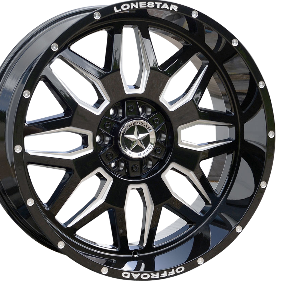 22x10 Gloss Black & Milled Lonestar Renegade Wheels (4), 5x5.5(139.7mm) & 5x150mm, -25mm Offset