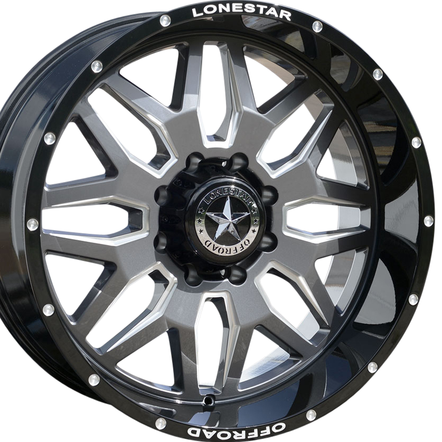 22x10 Gloss Black, Gunmetal Face & Milled Lonestar Renegade Wheels (4), 8x6.5(165.1mm), -25mm Offset 22x10 Gloss Black, Gunmetal Face & Milled Lonestar Renegade Wheels (4), 8x6.5(165.1mm), -25mm Offset