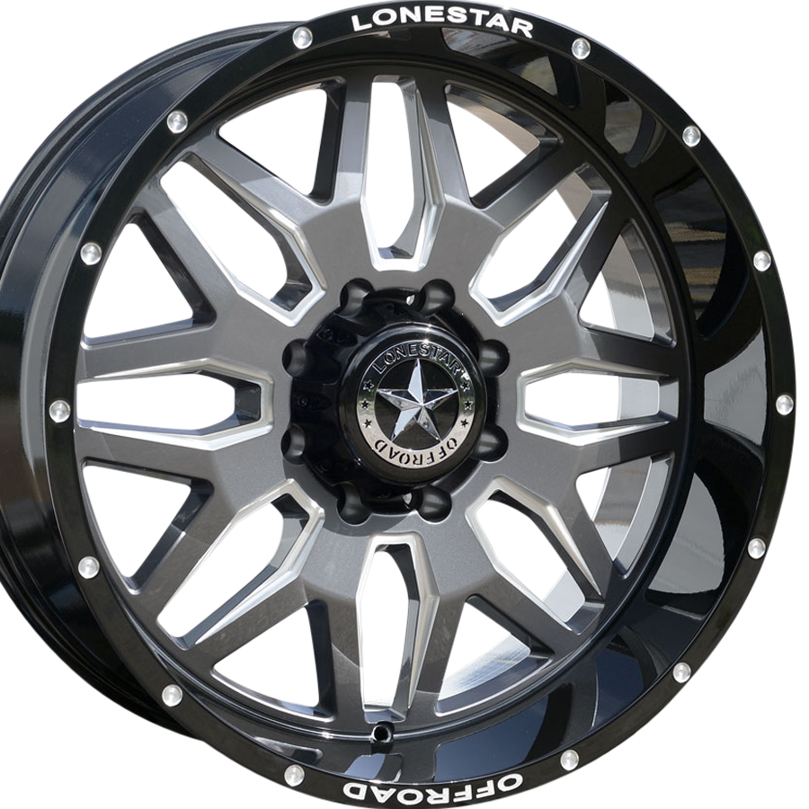 22x10 Gloss Black, Gunmetal Face & Milled Lonestar Renegade Wheels (4), 8x180mm, -25mm Offset