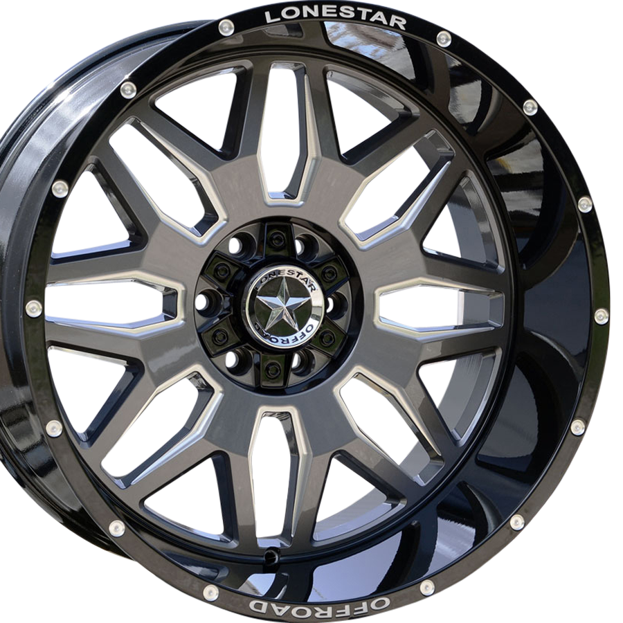 22x12 Gloss Black, Gunmetal Face & Milled Lonestar Renegade Wheels (4), 6x5.5(139.7mm) & 6x135mm, -44mm Offset 22x12 Gloss Black, Gunmetal Face & Milled Lonestar Renegade Wheels (4), 6x5.5(139.7mm) & 6x135mm, -44mm Offset