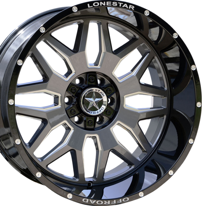 22x12 Gloss Black, Gunmetal Face & Milled Lonestar Renegade Wheels (4), 6x5.5(139.7mm) & 6x135mm, -44mm Offset