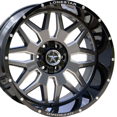22x12 Gloss Black, Gunmetal Face & Milled Lonestar Renegade Wheels (4), 6x5.5(139.7mm) & 6x135mm, -44mm Offset