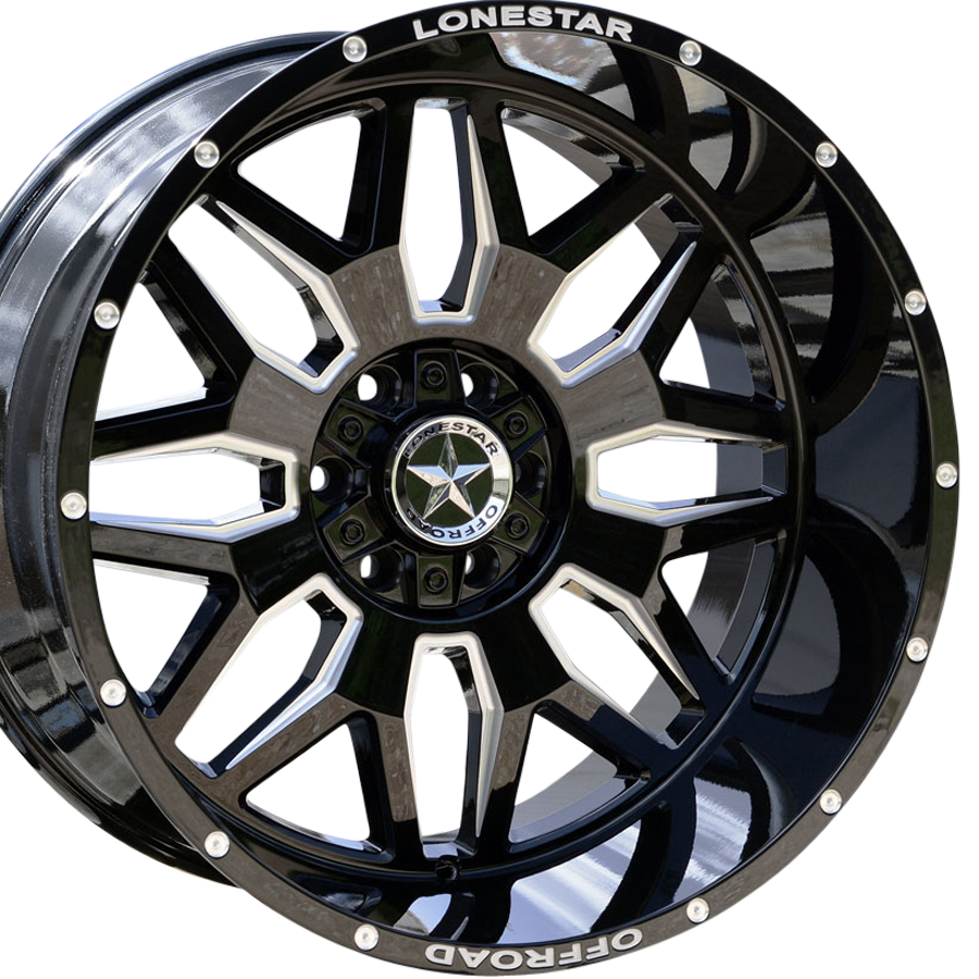 22x12 Gloss Black & Milled Lonestar Renegade Wheels (4), 6x5.5(139.7mm) & 6x135mm, -44mm Offset