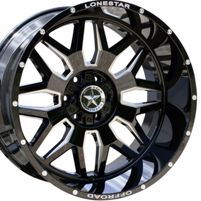 22x12 Gloss Black & Milled Lonestar Renegade Wheels (4), 6x5.5(139.7mm) & 6x135mm, -44mm Offset