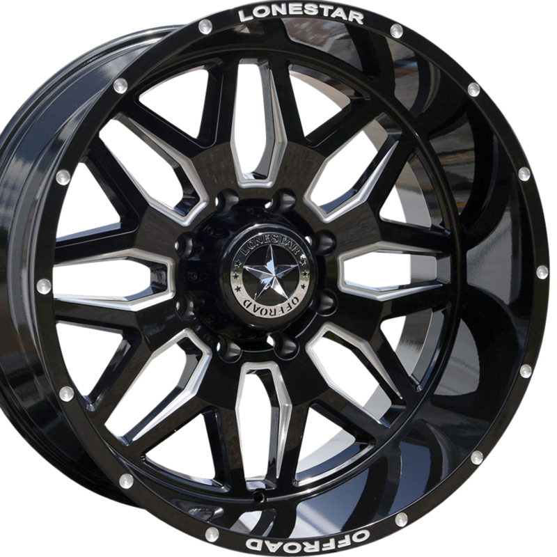 22x12 Gloss Black & Milled Lonestar Renegade Wheels (4), 8x6.5(165.1mm), -44mm Offset