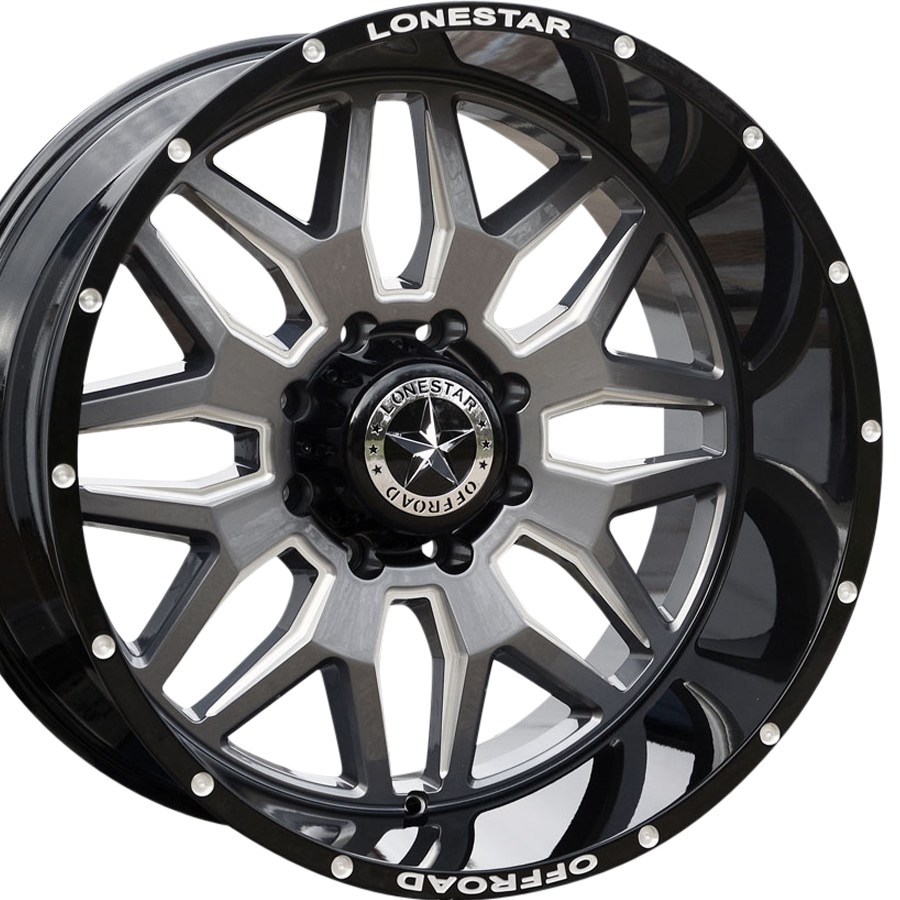22x12 Gloss Black, Gunmetal Face & Milled Lonestar Renegade Wheels (4), 8x180mm, -44mm Offset
