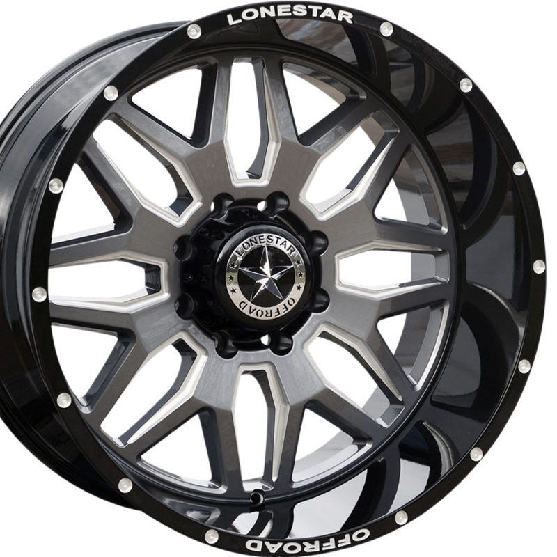 22x12 Gloss Black, Gunmetal Face & Milled Lonestar Renegade Wheels (4), 8x180mm, -44mm Offset