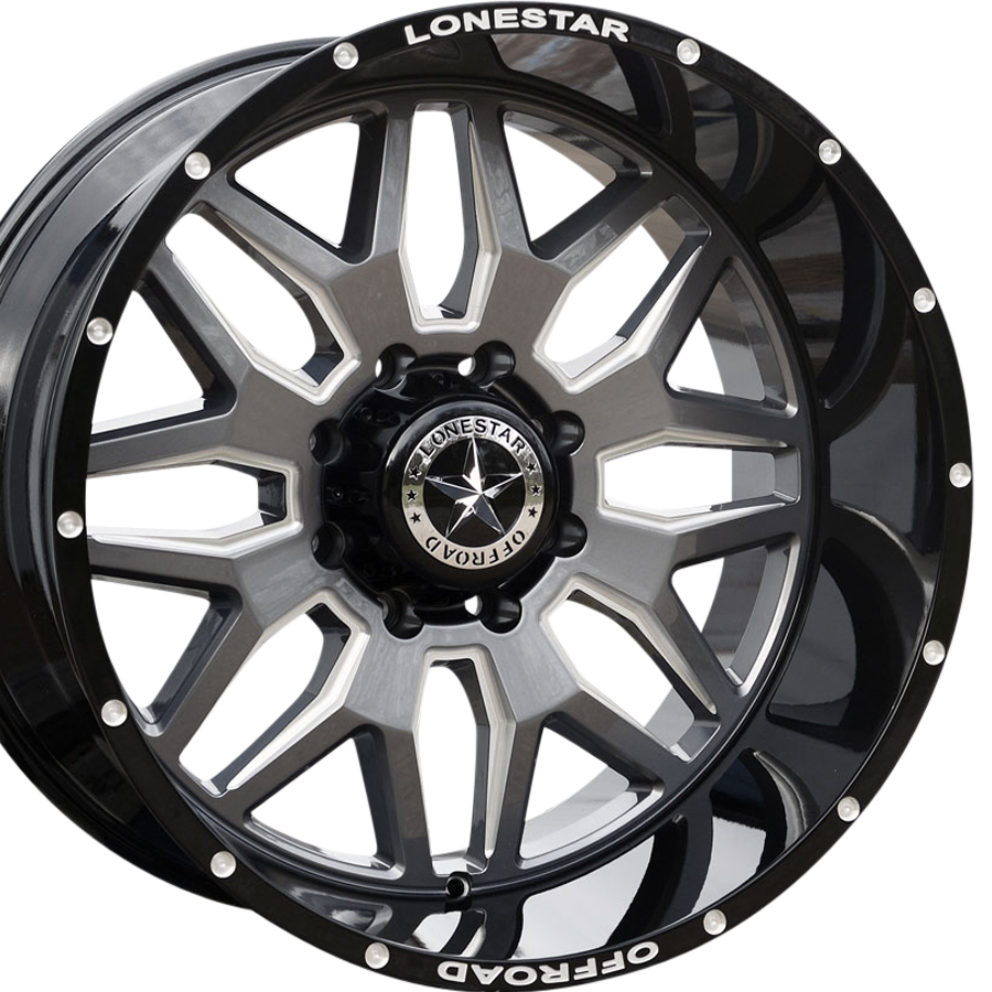 22x12 Gloss Black, Gunmetal Face & Milled Lonestar Renegade Wheels (4), 8x170mm, -44mm Offset