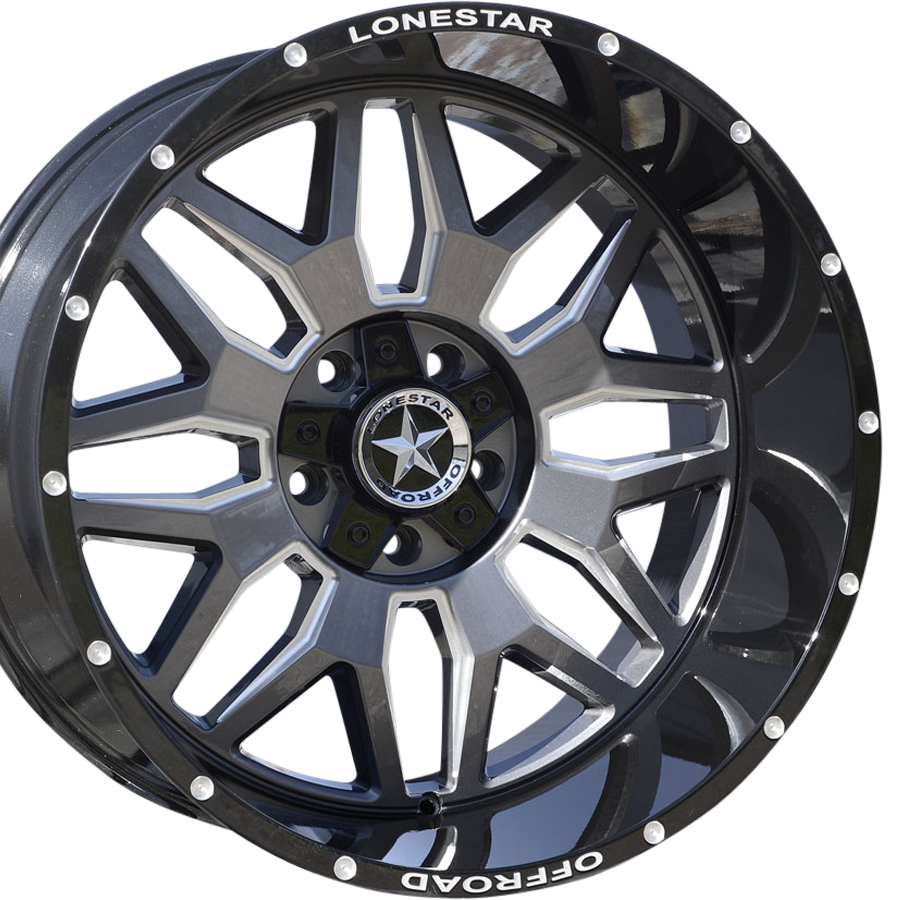22x12 Gloss Black, Gunmetal Face & Milled Lonestar Renegade Wheels (4), 5x5.5(139.7mm) & 5x150mm, -44mm Offset