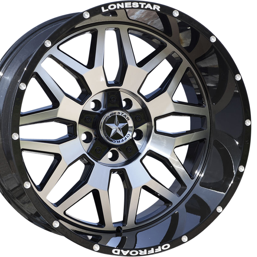 22x12 Gloss Black & Mirror Face Lonestar Renegade Wheels (4), 5x5.5(139.7mm) & 5x150mm, -44mm Offset 22x12 Gloss Black & Mirror Face Lonestar Renegade Wheels (4), 5x5.5(139.7mm) & 5x150mm, -44mm Offset