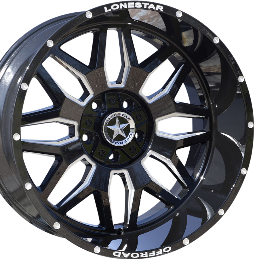 22x12 Gloss Black & Milled Lonestar Renegade Wheels (4), 5x5.5(139.7mm) & 5x150mm, -44mm Offset