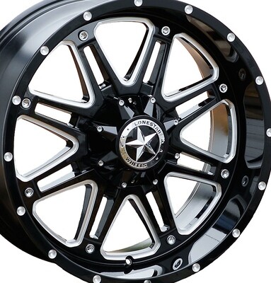 20x9 Gloss Black & Milled Lonestar Outlaw Wheels (4), 5x5(127mm) & 5x4.5(114.3mm), 0mm Offset
