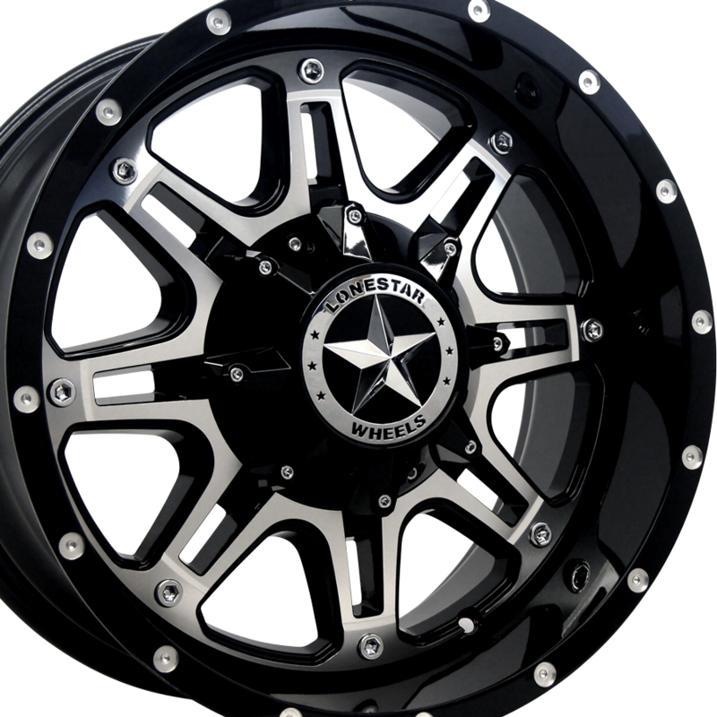 18x9 Gloss Black & Mirror Face Lonestar Outlaw Wheels (4), 6x5.5(139.7mm), 0mm Offset