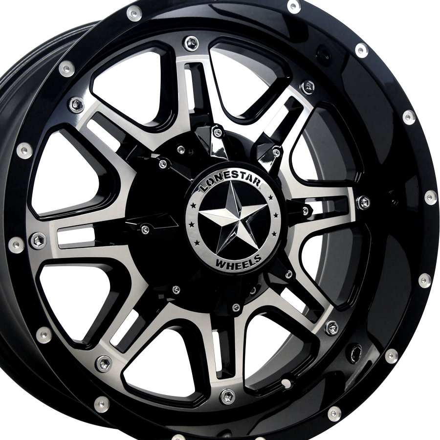 18x9 Gloss Black & Mirror Face Lonestar Outlaw Wheels (4), 8x6.5(165.1mm), 0mm Offset