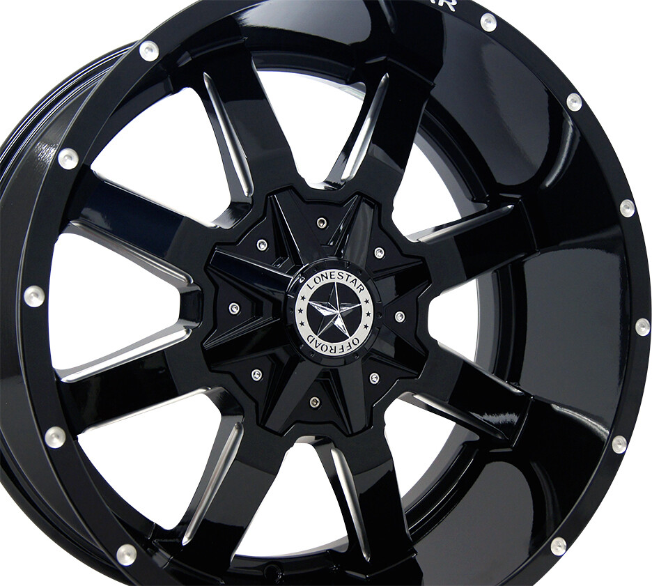 20x10 Gloss Black & Milled Lonestar Gunslinger Wheels (4), 5x5.5(139.7mm) & 5x150mm, -12mm Offset