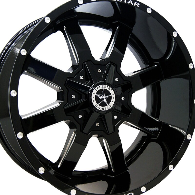 20x10 Gloss Black & Milled Lonestar Gunslinger Wheels (4), 5x5.5(139.7mm) & 5x5(127mm), -25mm Offset 20x10 Gloss Black & Milled Lonestar Gunslinger Wheels (4), 5x5.5(139.7mm) & 5x5(127mm), -25mm Offset
