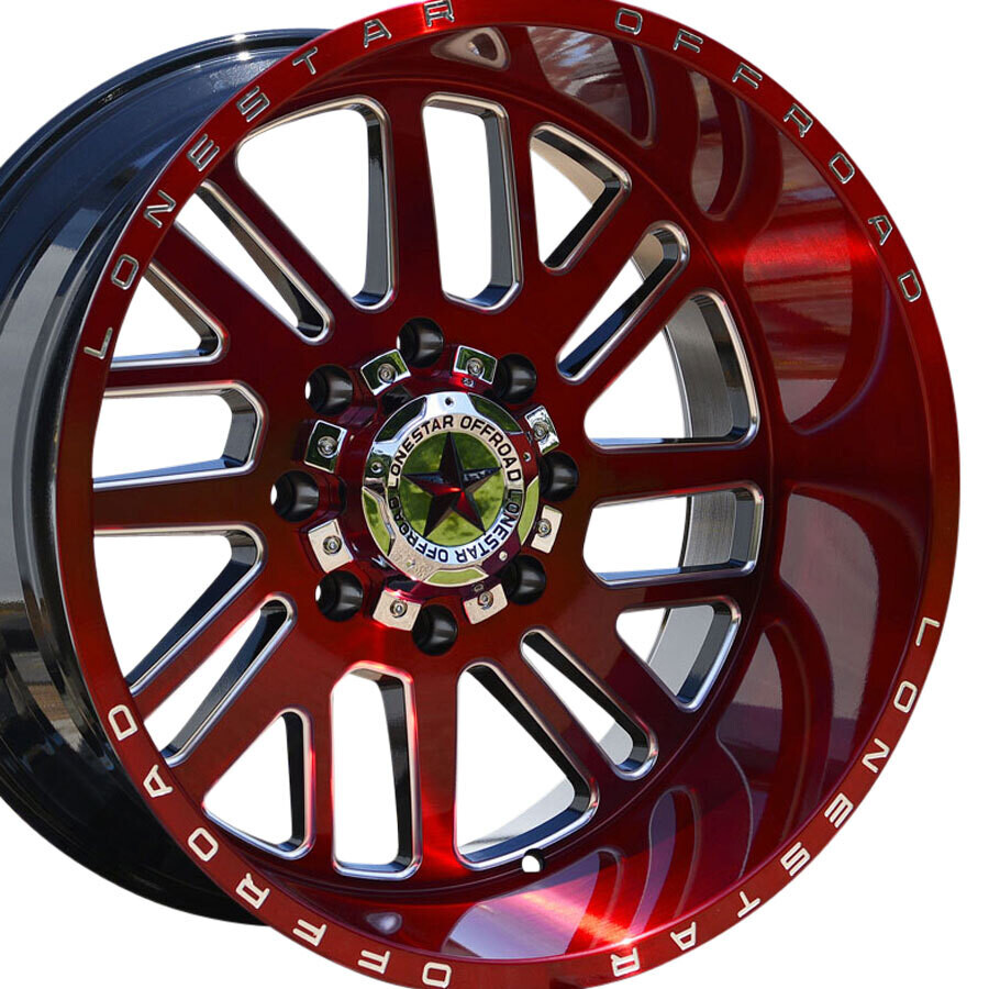 22x12 Brushed Cherry Red & Milled Lonestar Tomahawk Wheels (4), 8x170mm, -44mm Offset 22x12 Brushed Cherry Red & Milled Lonestar Tomahawk Wheels (4), 8x170mm, -44mm Offset