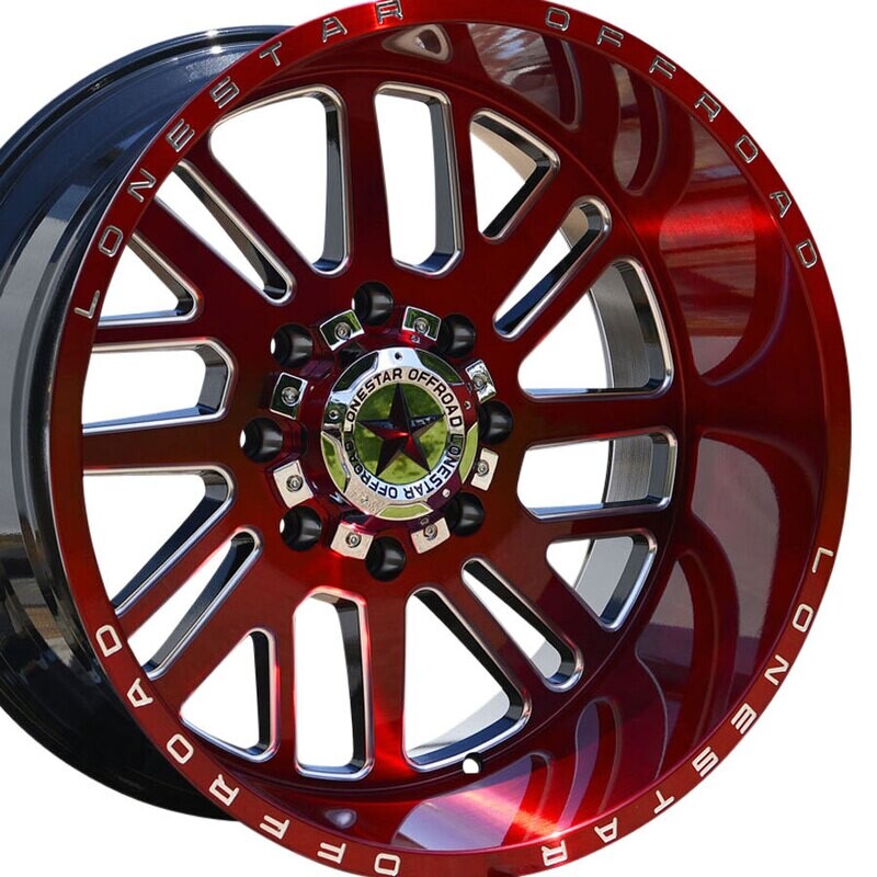 22x12 Brushed Cherry Red & Milled Lonestar Tomahawk Wheels (4), 8x170mm, -44mm Offset