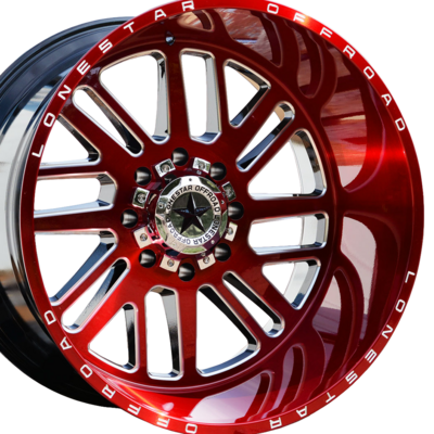 24x14 Brushed Cherry Red & Milled Lonestar Tomahawk Wheels (4), 8x180mm, -44mm Offset FLOWFORMED